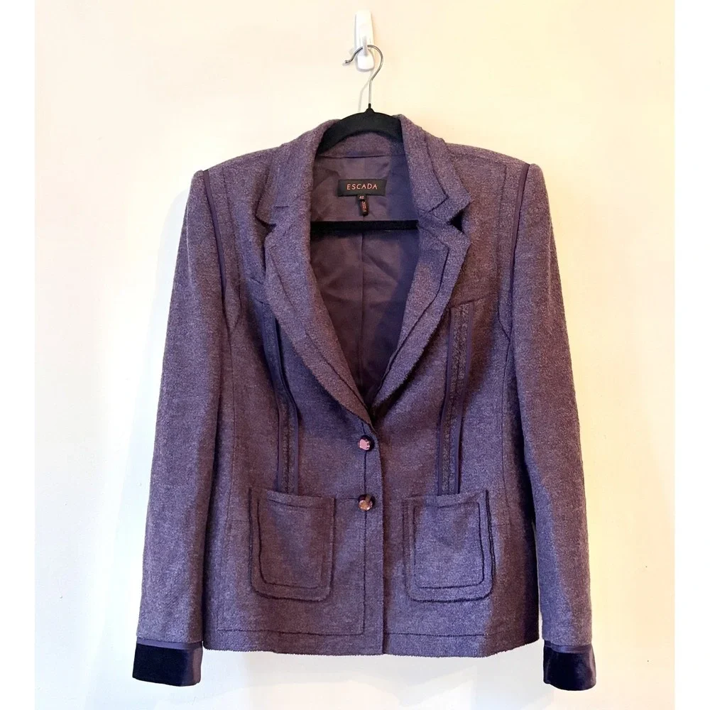 Escada Purple Skirt Suit Blazer Size 42 & 40 Virgin Wool & Crystal Buttons - Picture 2 of 10